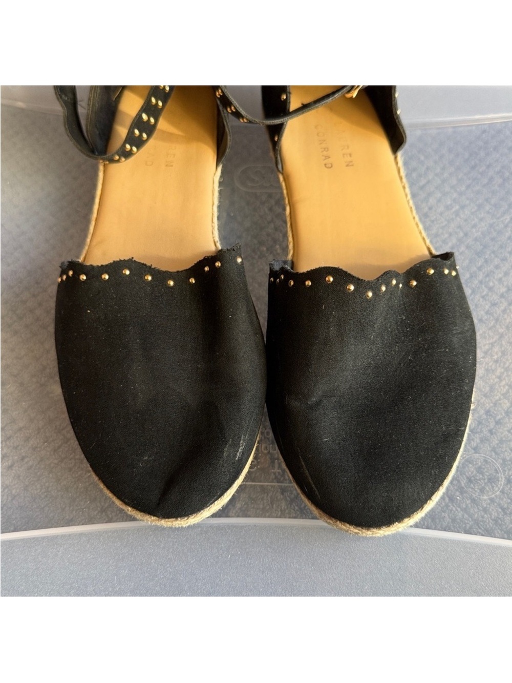 LC Lauren Conrad Black Studded Scalloped Flats Ankle-Strap Espadrilles - Picture 3 of 9